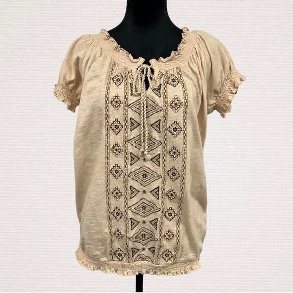 ST JOHN'S BAY Cream w/Brown Tribal Embroidery Boho Top, Cotton, Size Small - Picture 5 of 9